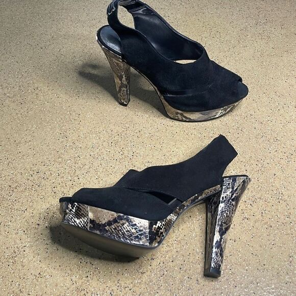 BCBGirls Worker Suede & Snake Embossed Leather Platform Slingback Heels 7.5 Blac - Picture 1 of 13
